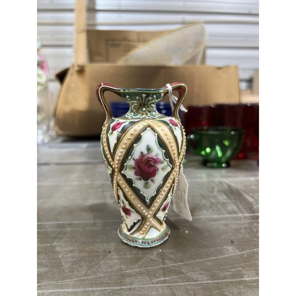 Antique Hand Painted Nippon Moriage Two Handle Rose Vase 4.7